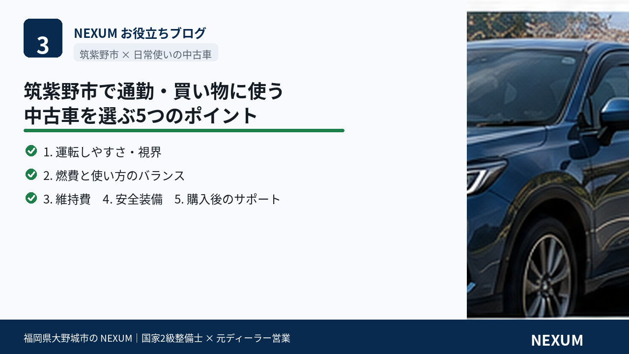 福岡の中古車販売店NEXUMが筑紫野市の方のお車選びについて解説している画像
